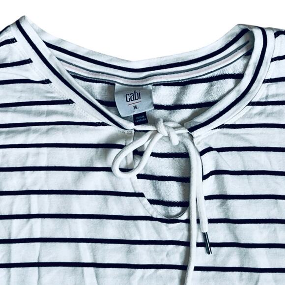 Cabi Women’s Sz M Navy White Stripe Tie Neck Top Knit Stretch Relax Game Day - Picture 6 of 13